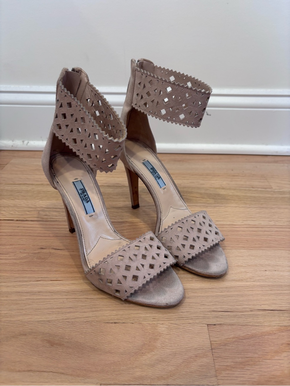 Prada Laser Cut beige Suede Ankle Strap heels size 37